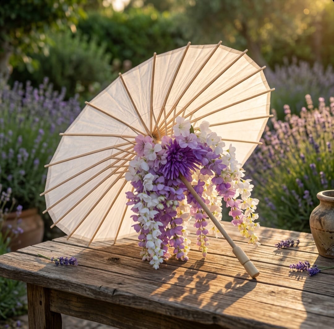 Witte Papieren Parasol met Zijden Bloemen – Elegant Handgemaakt Decorstuk