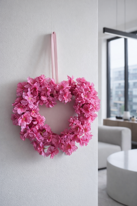 Hart met roze zijden bloemen