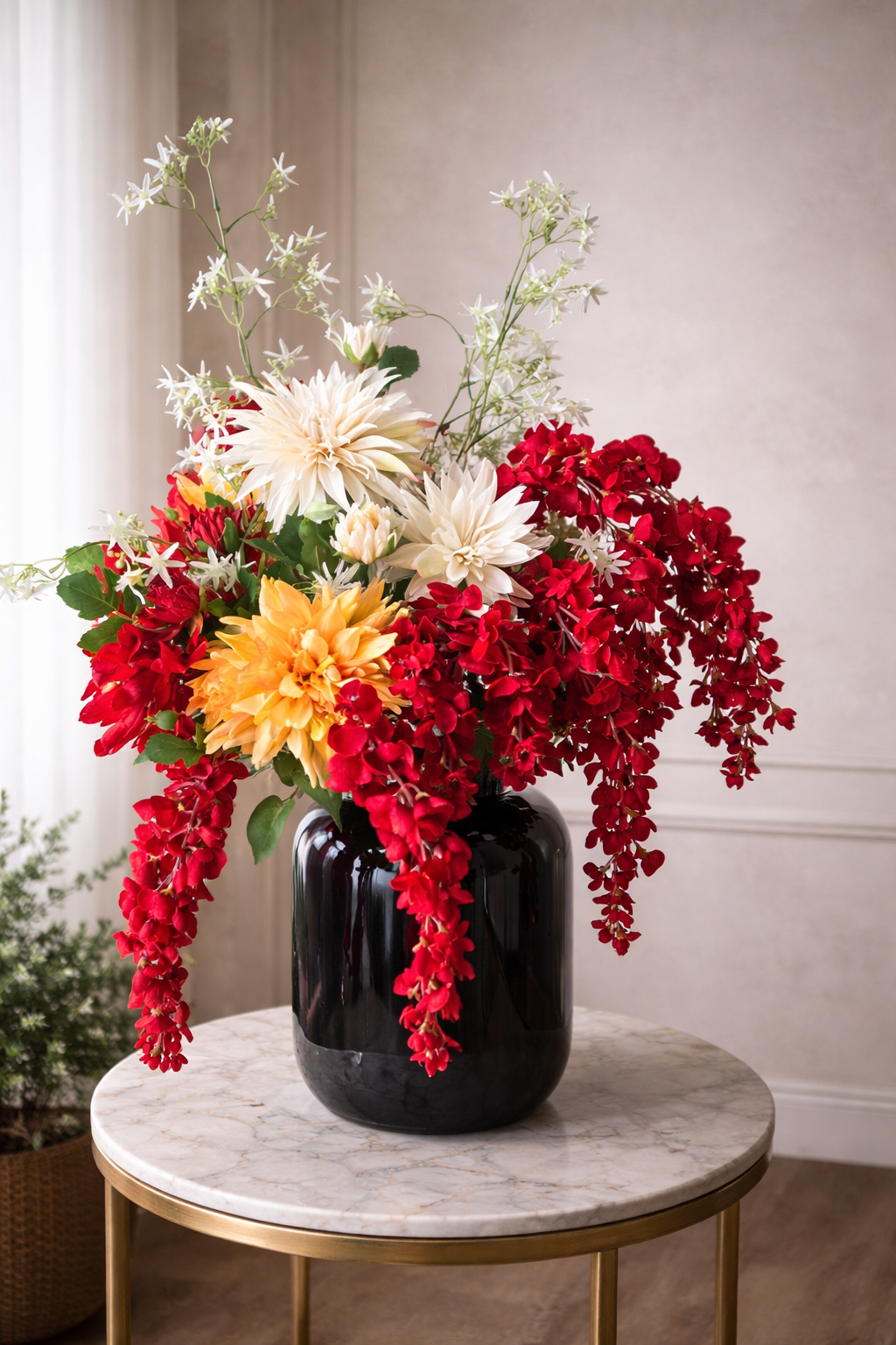 Boeket Madeira - zijden bloemen in rood, oranje en wit