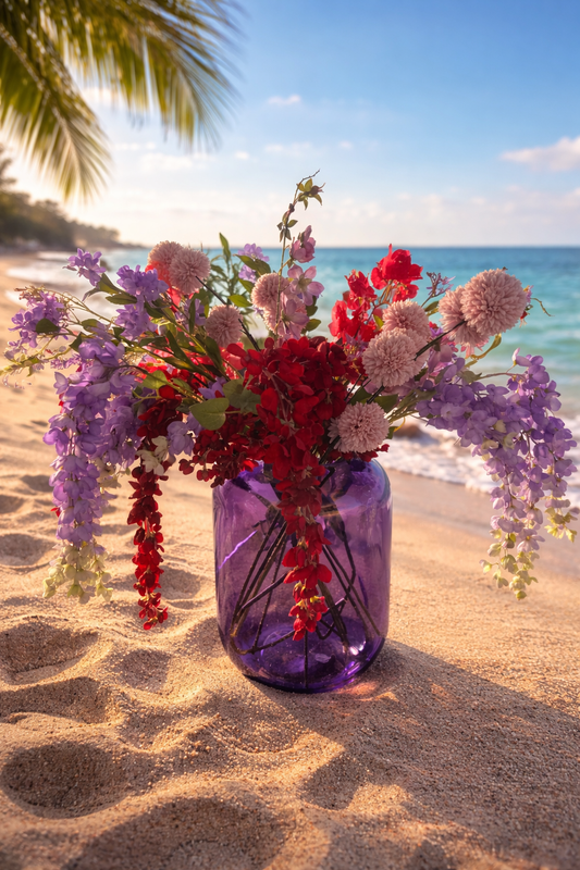 Boeket Curaçao - Zijdebloemen Boeket in paars, roze & rood