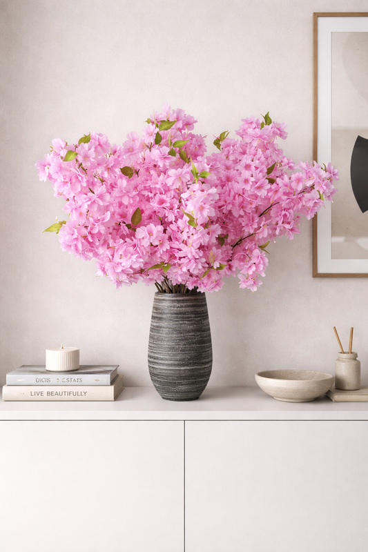 Boeket Corsica met 5 of 10 Japanse kers kunstbloemen, lila-achtig roze